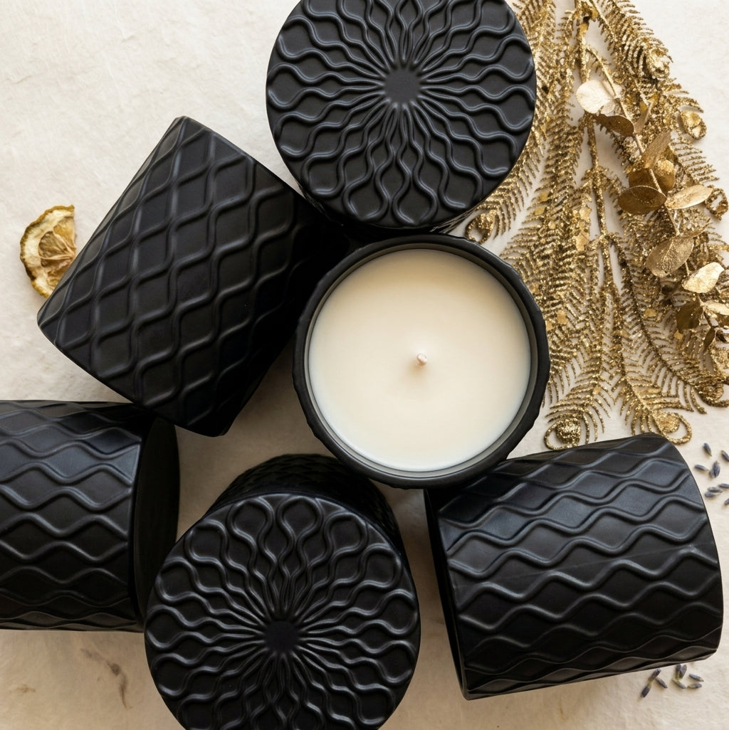Five Forbidden Masculine Scent — Matte Black Textured Ceramic Candles with Lid arranged on a light beige surface, with one open candle showing white wax in the center and decorative gold leaves around the edges.