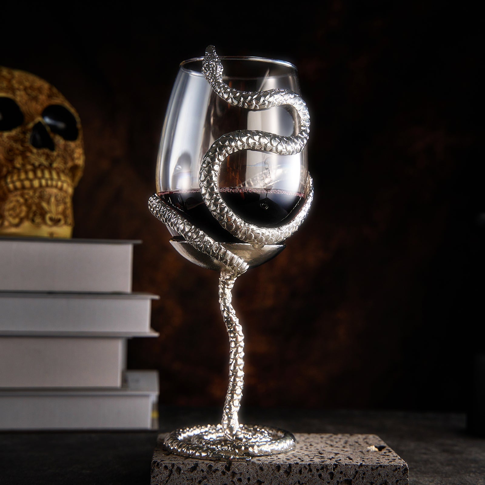 Stemmed Snake Wine Glass | SINGLE | 19oz Spooky Reptile Glasses 10" H (Silver)-1