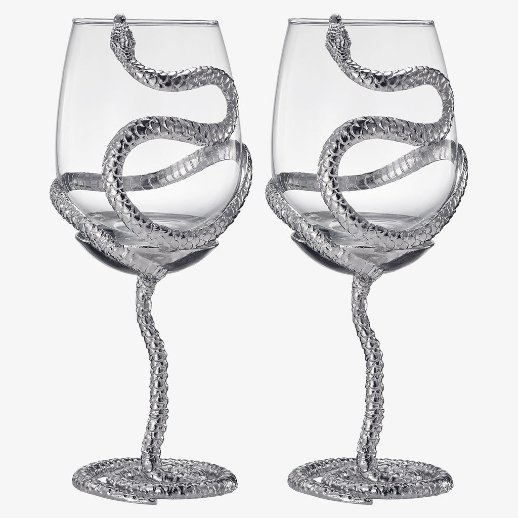 Stemmed Snake Wine Glass | Set of 2 | 19oz Spooky Reptile Glasses 10" H (Silver)-3