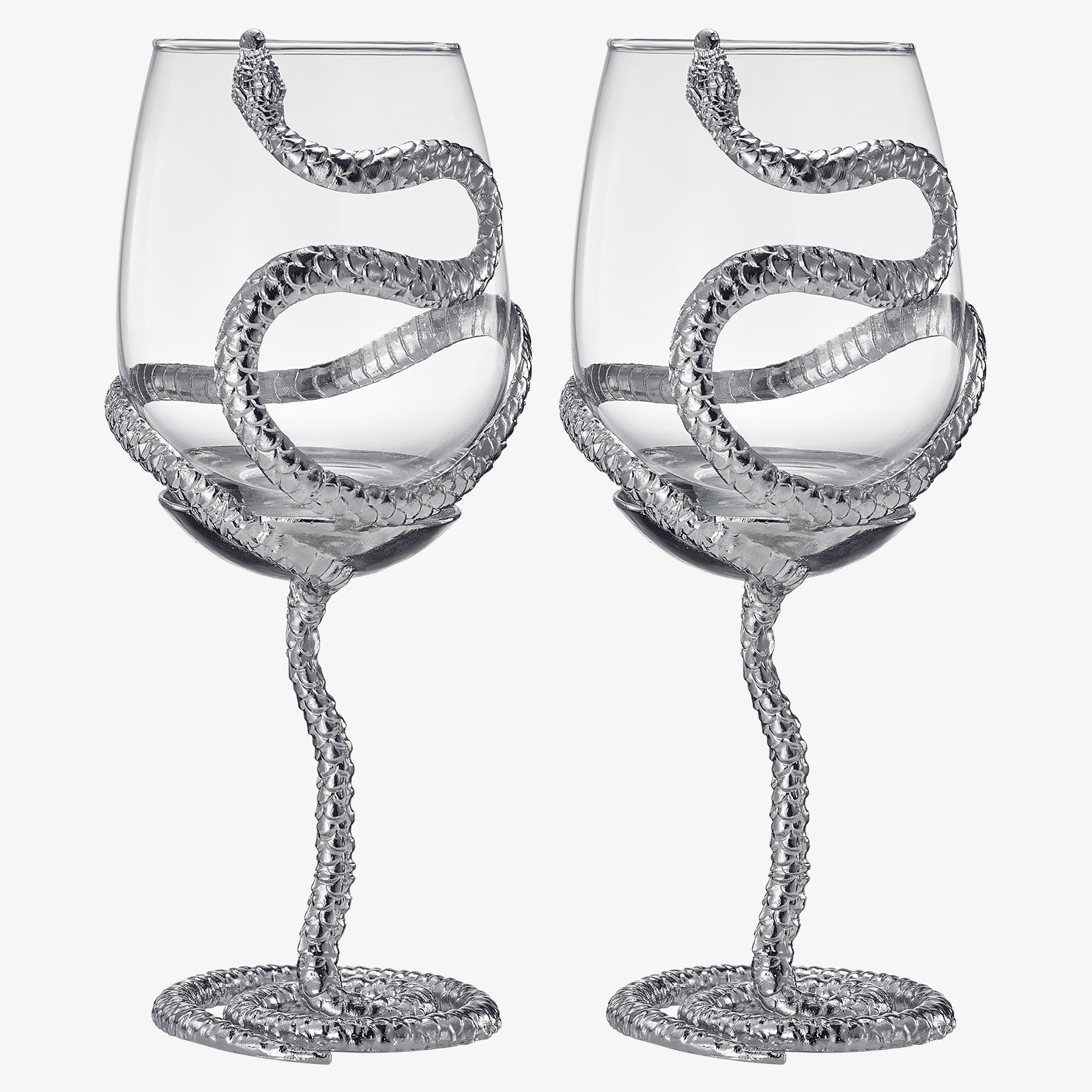 Stemmed Snake Wine Glass | Set of 2 | 19oz Spooky Reptile Glasses 10" H (Silver)-3