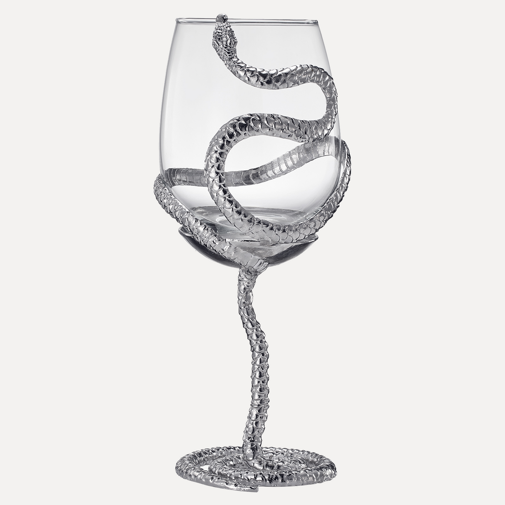 Stemmed Snake Wine Glass | SINGLE | 19oz Spooky Reptile Glasses 10" H (Silver)-3