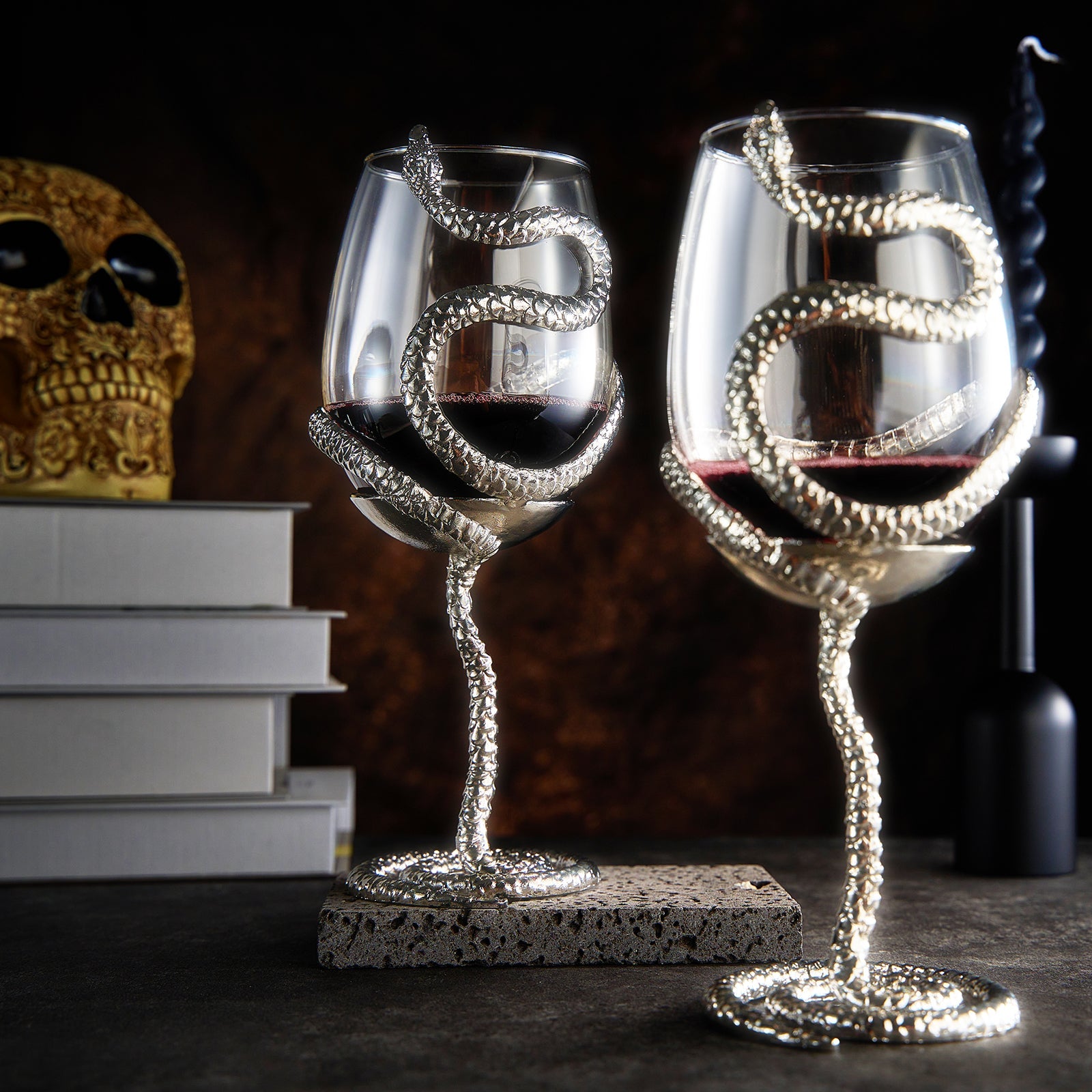 Stemmed Snake Wine Glass | Set of 2 | 19oz Spooky Reptile Glasses 10" H (Silver)-2
