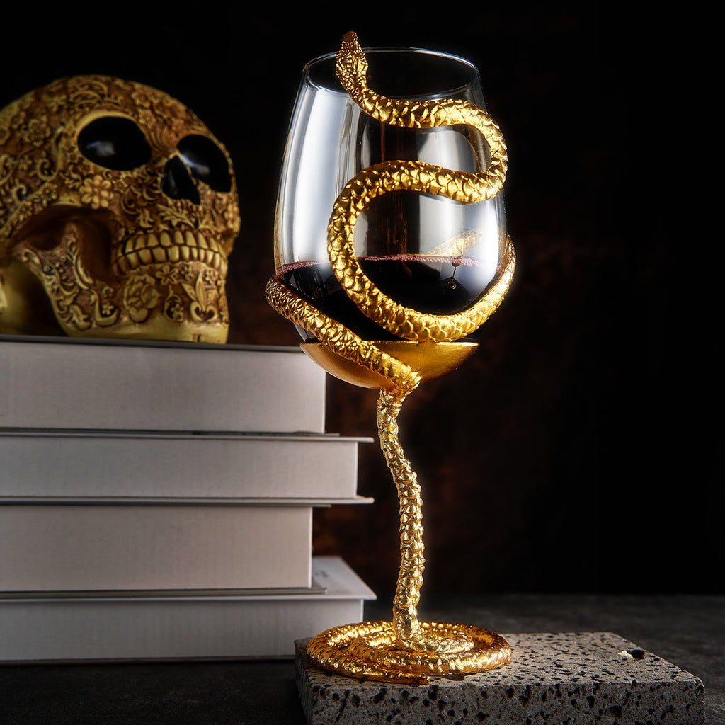 Stemmed Snake Wine Glass | SINGLE | 19oz Spooky Reptile Glasses 10" H (Gold)-2