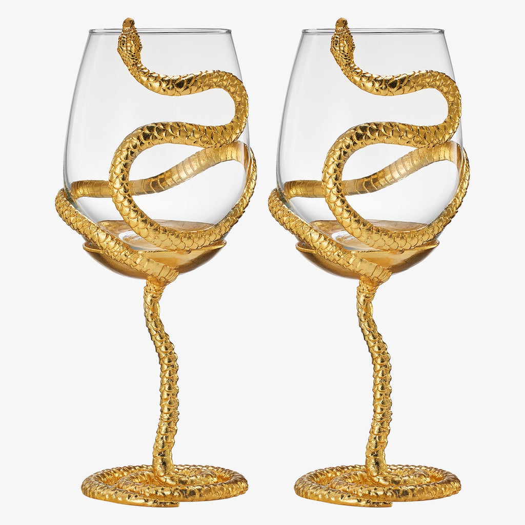 Stemmed Snake Wine Glass | Set of 2 | 19oz Spooky Reptile Glasses 10" H (Gold)-3