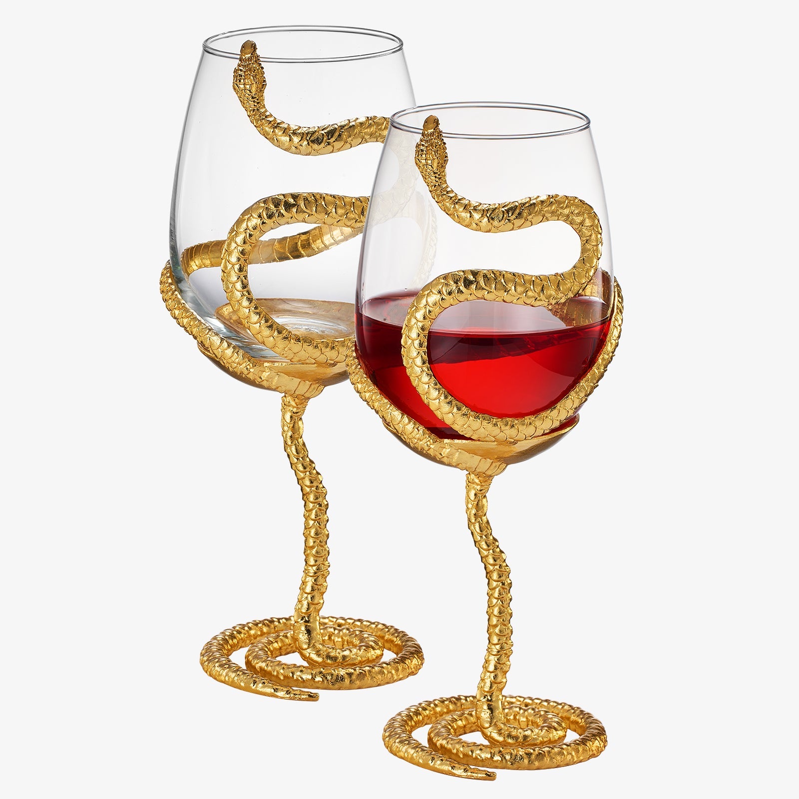 Stemmed Snake Wine Glass | Set of 2 | 19oz Spooky Reptile Glasses 10" H (Gold)-0