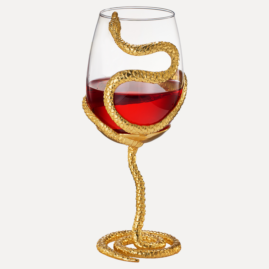 Stemmed Snake Wine Glass | SINGLE | 19oz Spooky Reptile Glasses 10" H (Gold)-0