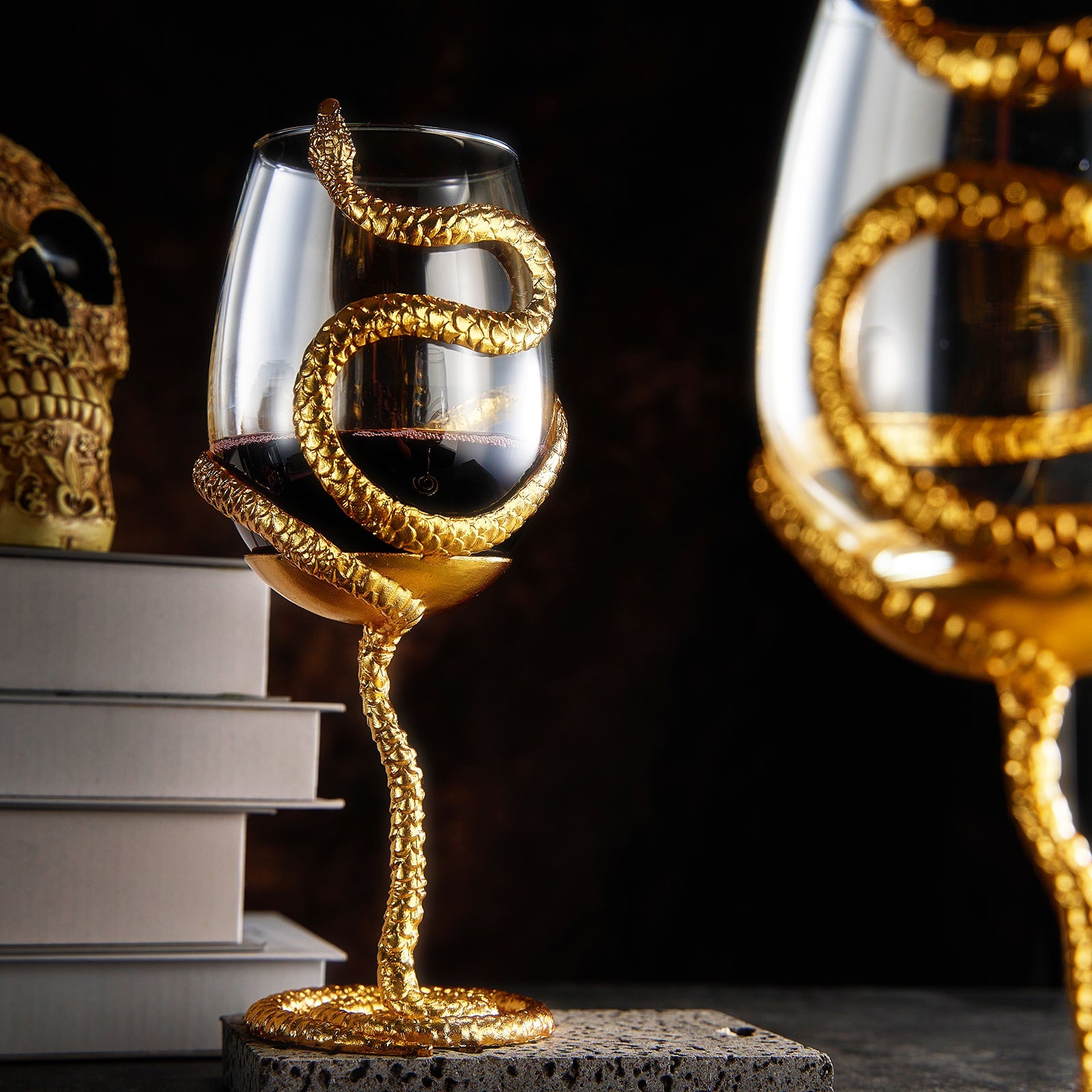 Stemmed Snake Wine Glass | Set of 2 | 19oz Spooky Reptile Glasses 10" H (Gold)-2
