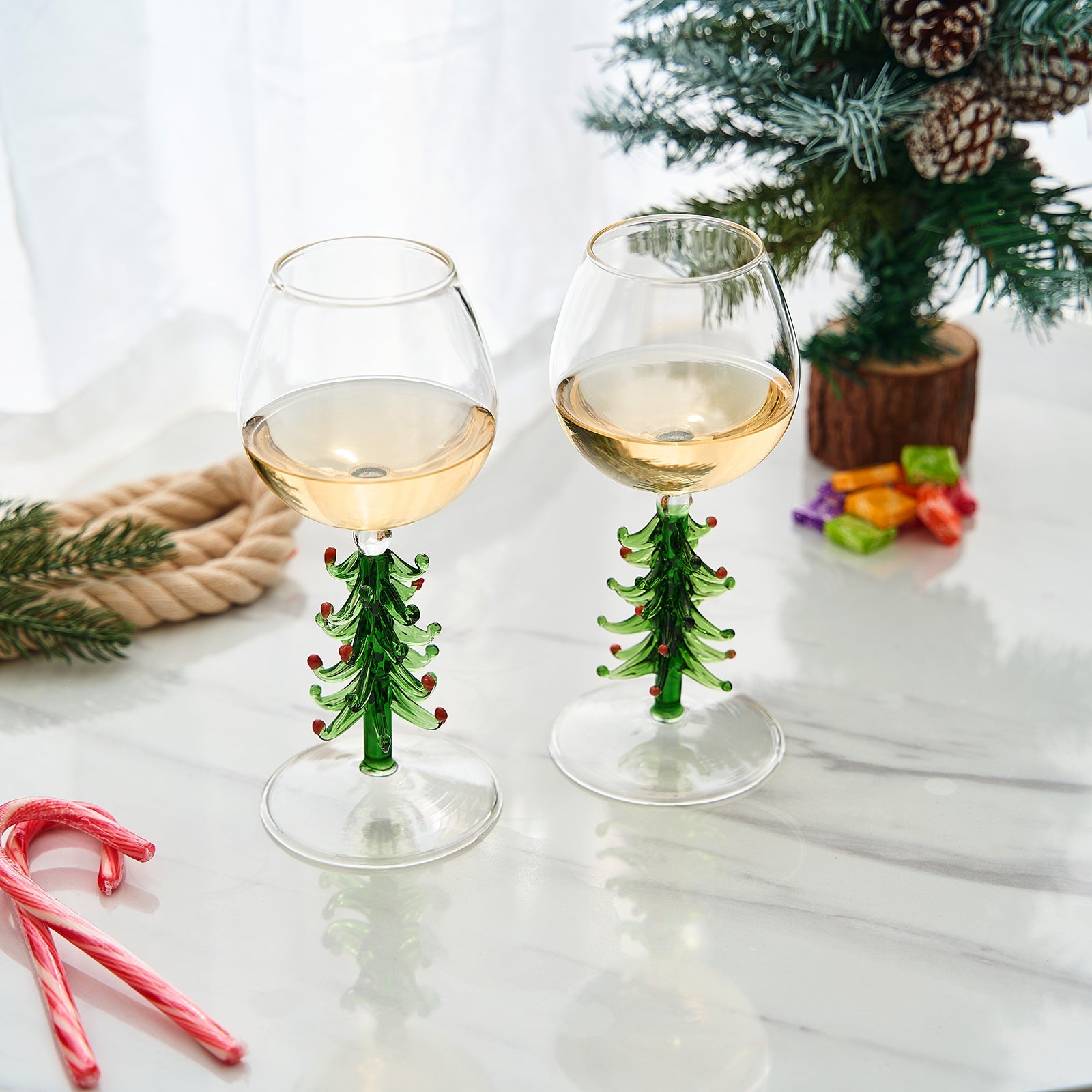 Crystal Christmas Holiday Tree Stemmed Wine Glass - Green - 10 oz-1