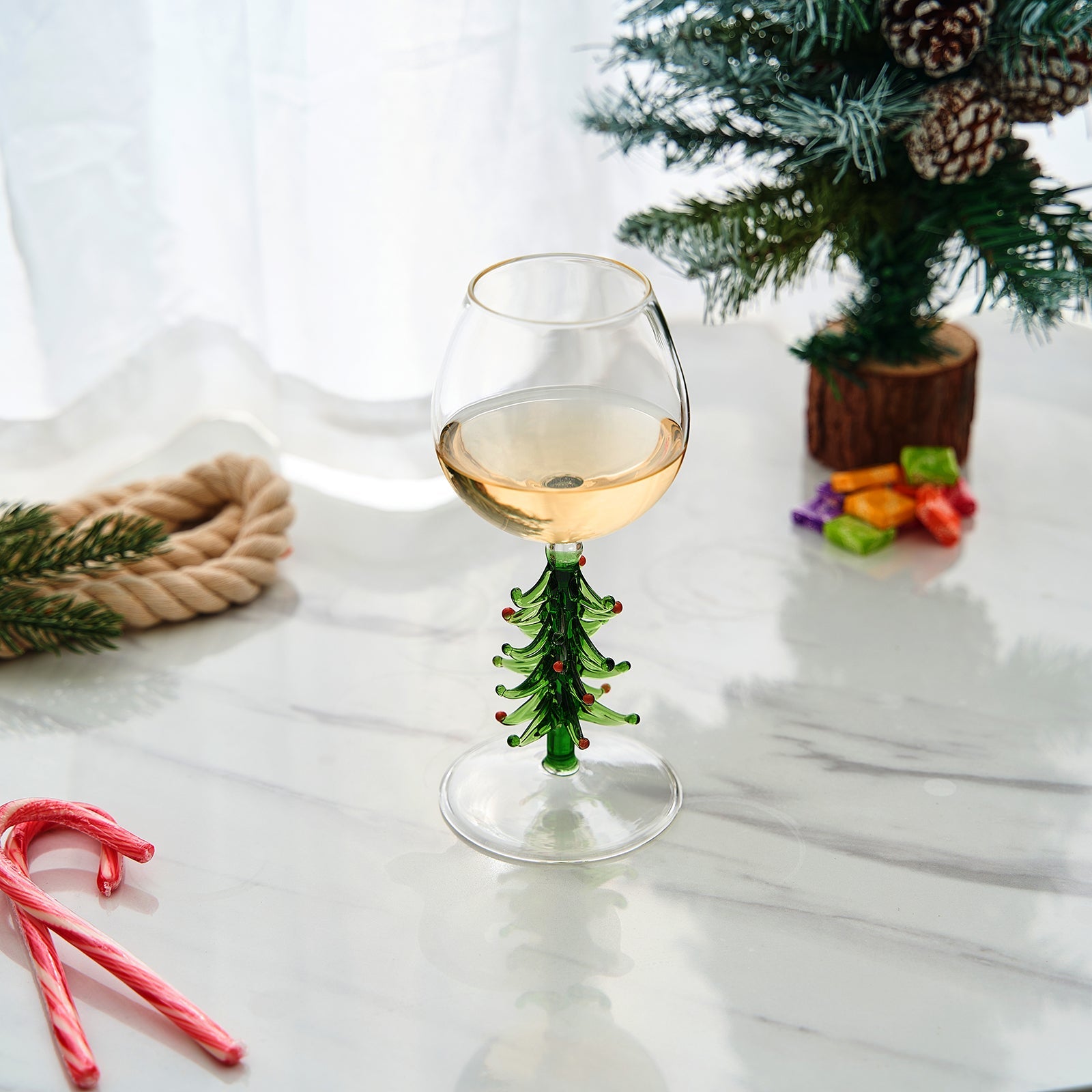 Crystal Christmas Holiday Tree Stemmed Wine Glass - Green - 10 oz-3