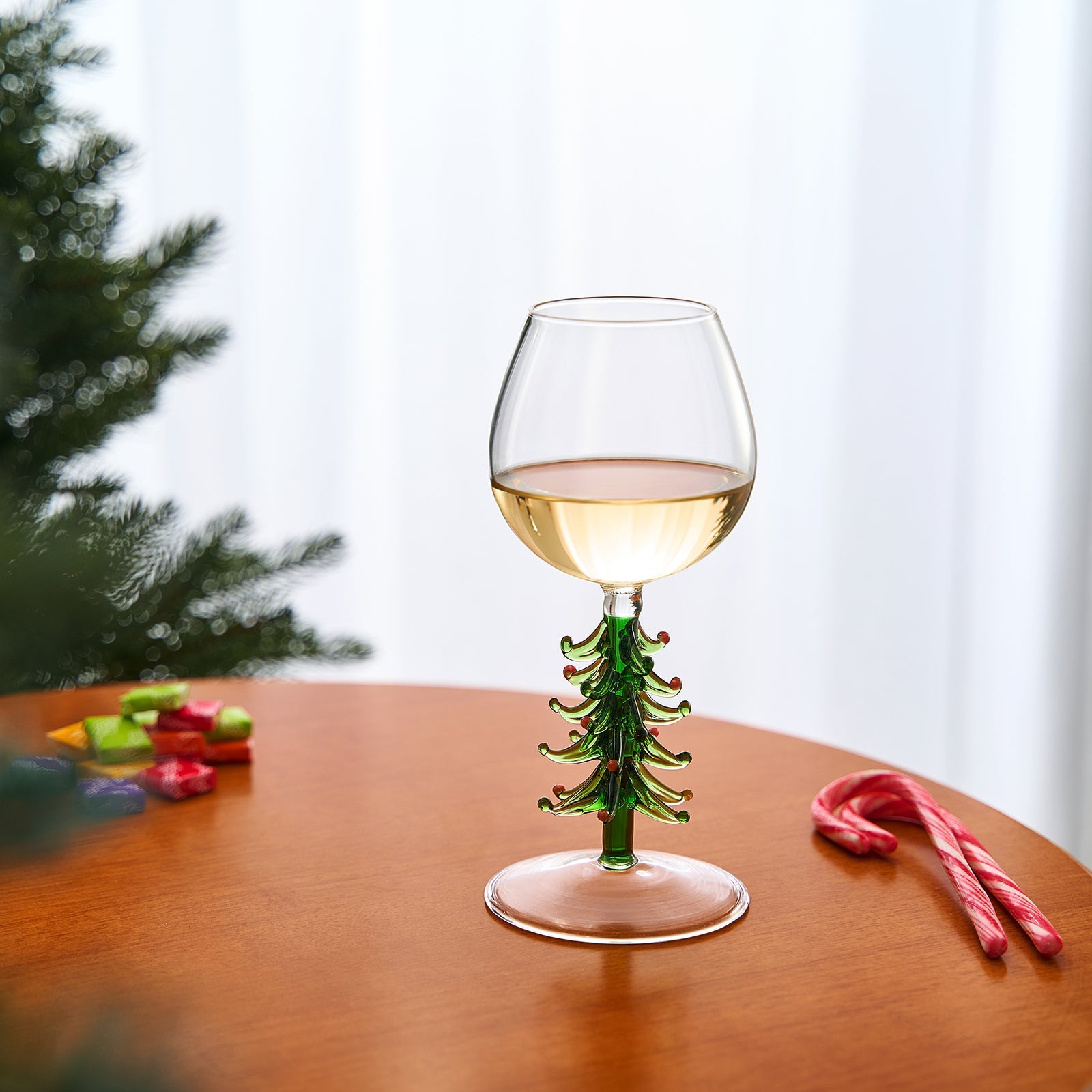 Crystal Christmas Holiday Tree Stemmed Wine Glass - Green - 10 oz-2
