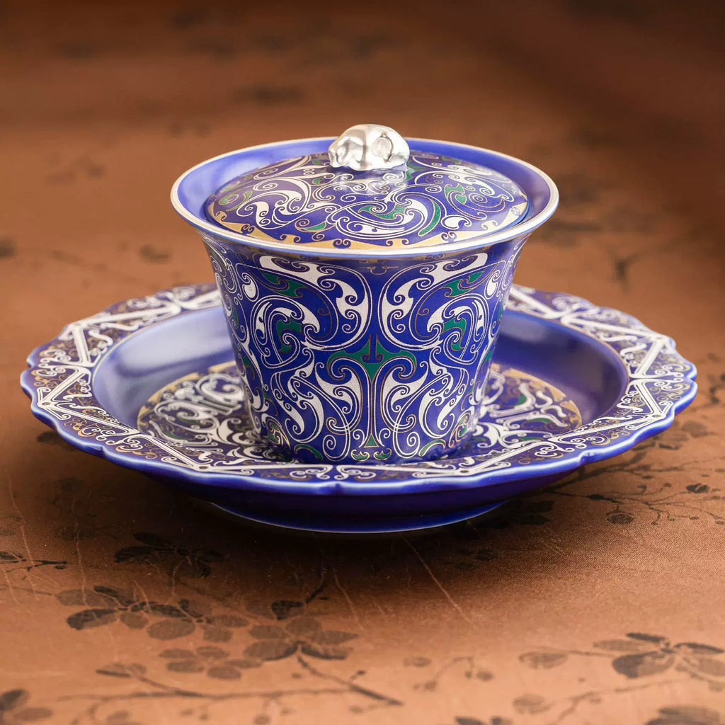 Imperial Blue Silver Filigree Gaiwan & Saucer Set | Handcrafted Porcelain Tea Ceremony Gift-2