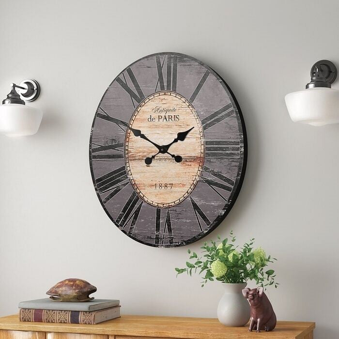 Gray Oversized Distressed Paris Wood Wall Clock-0