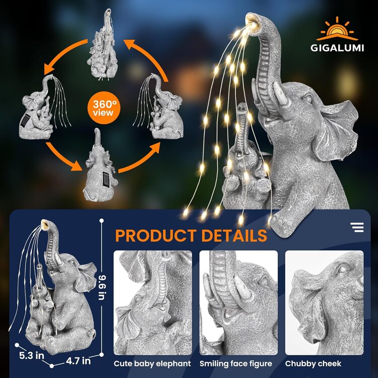 Gigalumi Solar Mother and Baby Elephant Garden Statue Light Decor Ornament Gift(1 Pack)-3