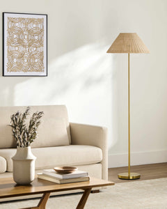 Rattan Floor Lamp with Natural Woven Shade and Gold Metal Base