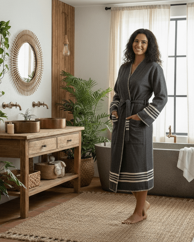 Organic Turkish Cotton Kimono Bathrobe – Lightweight Spa & Home Robe (Shipping fees may apply)