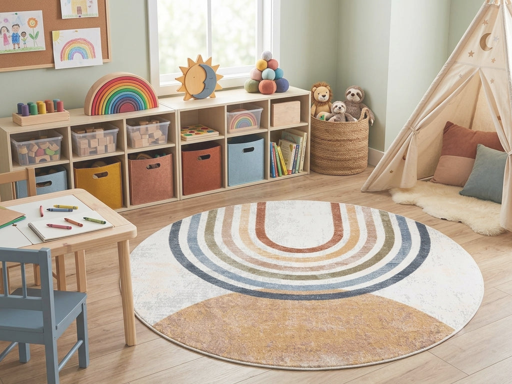 Children's playroom with the Giza Contemporary Washable Multicolor Rainbow-themed round rug, storage shelves, and toys.