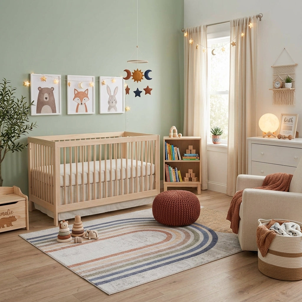 Nursery room with wooden crib, books, and decorative elements around the Giza Contemporary Washable Multicolor Rainbow Rug