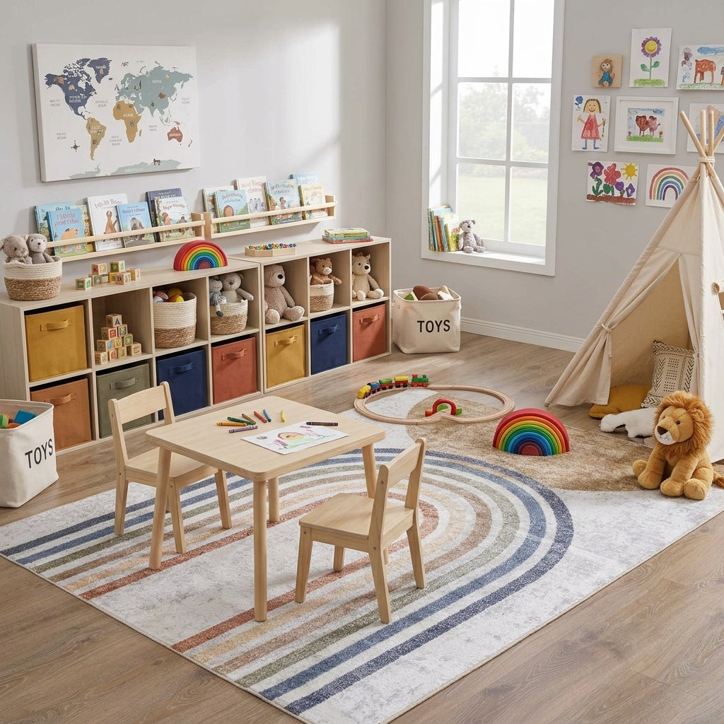 Children's playroom with wooden table and chairs, colorful rug, and toys around the Giza Contemporary Washable Multicolor Rainbow Rug