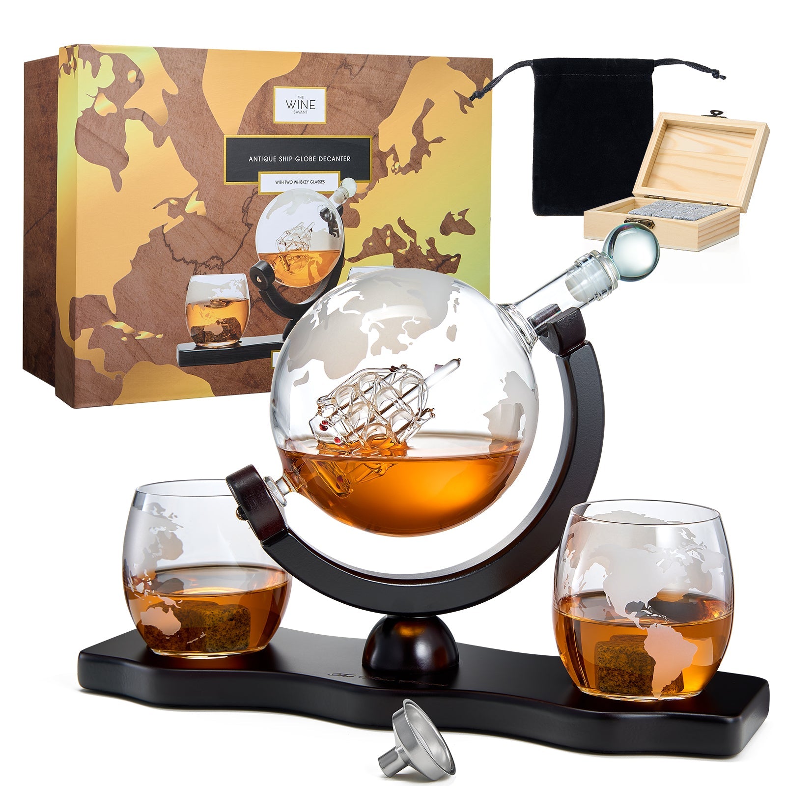Whiskey Decanter Globe Set with 2 Etched Whiskey Glasses - 850ml-0