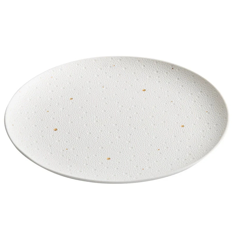 Textured White Porcelain Dinner Plate with Gold Dots – Modern Fine Dining Tableware-4