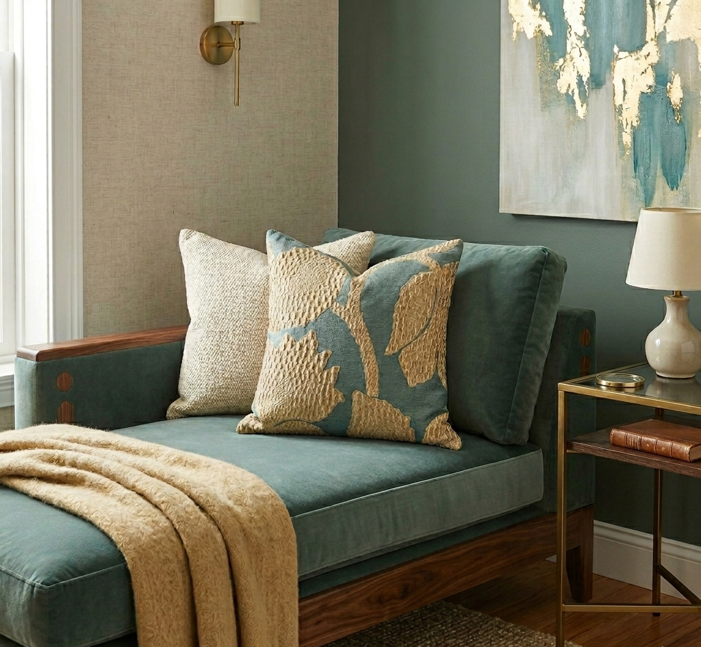 Cozy living room with a teal sofa, decorative pillows, and a side table.