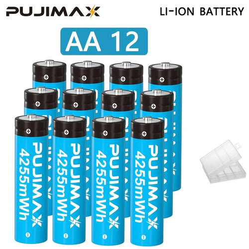 A pack of 12 Pujimax AA 425mWh lithium-ion batteries arranged in three rows, with a small clear plastic battery compartment holder on the right, on a white background.