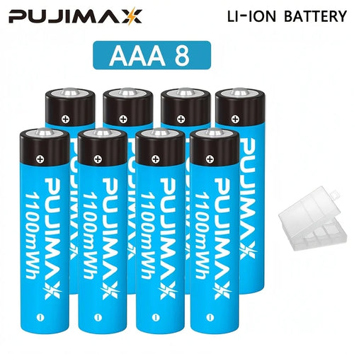 Eight blue and black PUJIMAX AAA 110mWh lithium-ion batteries arranged in two rows, with a small clear plastic battery holder on the right, on a white background.