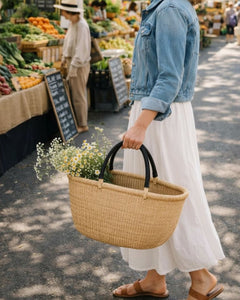 Handwoven Oval Market Basket with Leather Handles-1