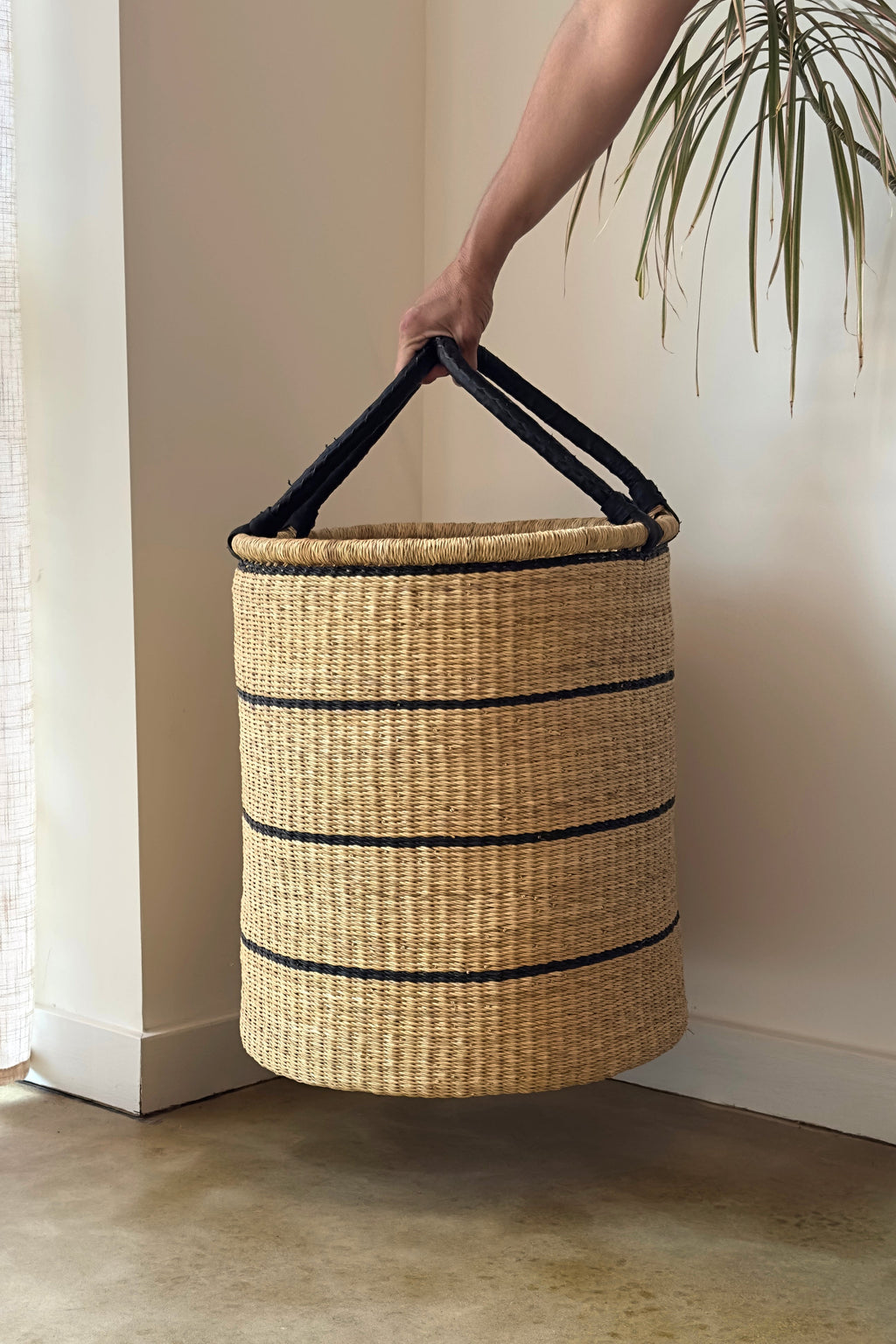 Large Handwoven Storage & Laundry Hamper – Black Stripe-1