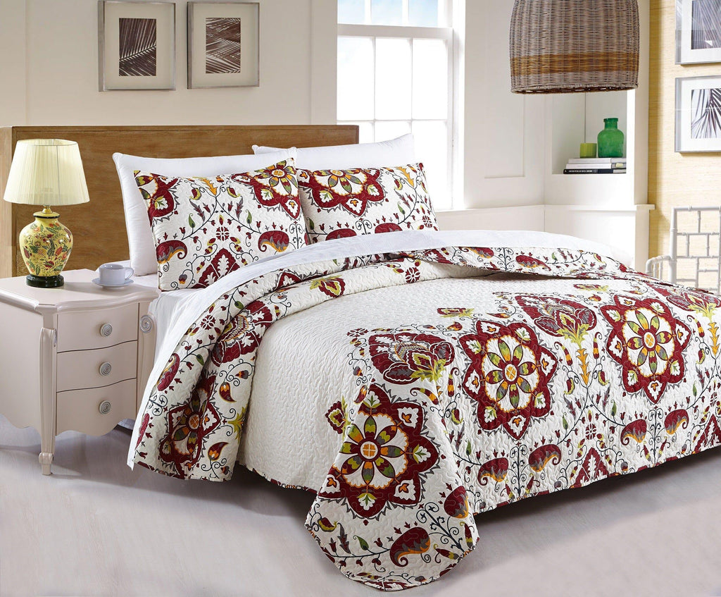 DaDa Bedding Casablanca Garden Mediterranean Floral Red & White Quilted Bedspread Set (HS-11130)-1