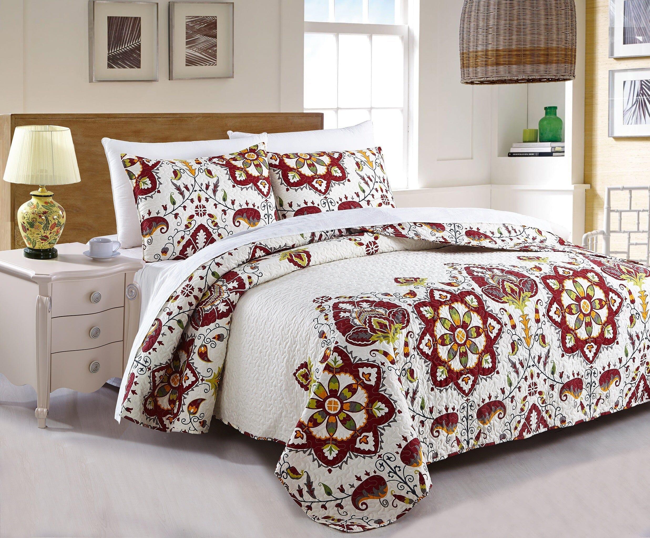 DaDa Bedding Casablanca Garden Mediterranean Floral Red & White Quilted Bedspread Set (HS-11130)-1