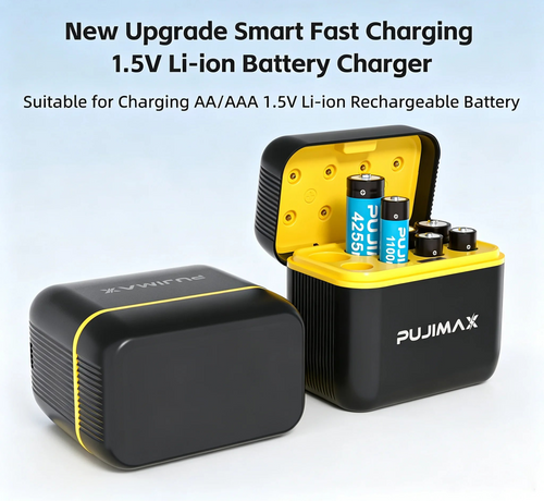 PUJIMAX 1.5V Li-ion battery charger shown in two views: one closed and one open with four batteries inside.
