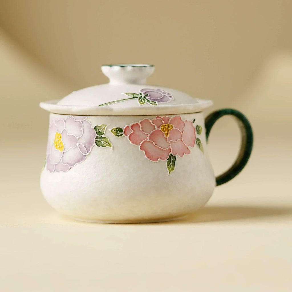 Hand-Painted Pastel Floral Ceramic Tea Cup with Lid – 123ml Traditional Gift Box Set-4