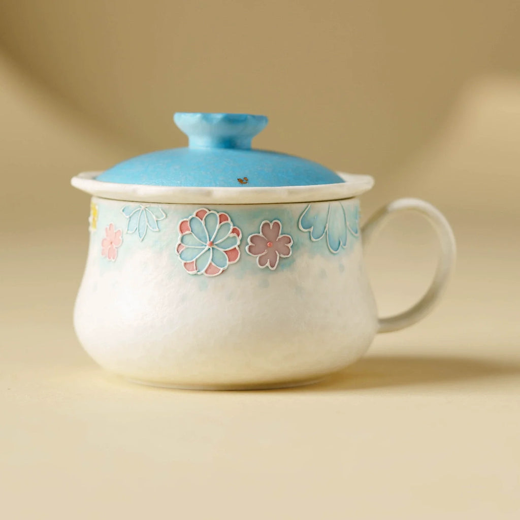 Hand-Painted Blue Floral Ceramic Tea Cup with Lid – 135ml Traditional Gift Box Set-0