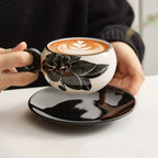 Peony Porcelain Coffee Cup & Saucer Set — Elegance in Black and White-2