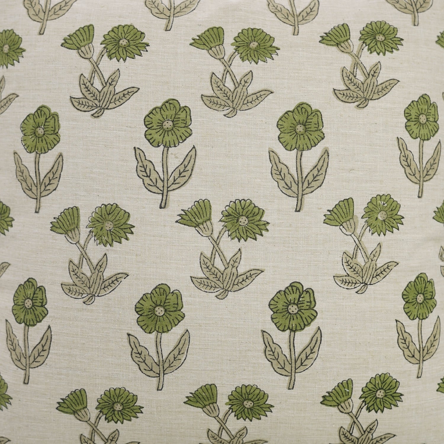 Block Printed Beige Green Throw Square Pillow Case - Kirti