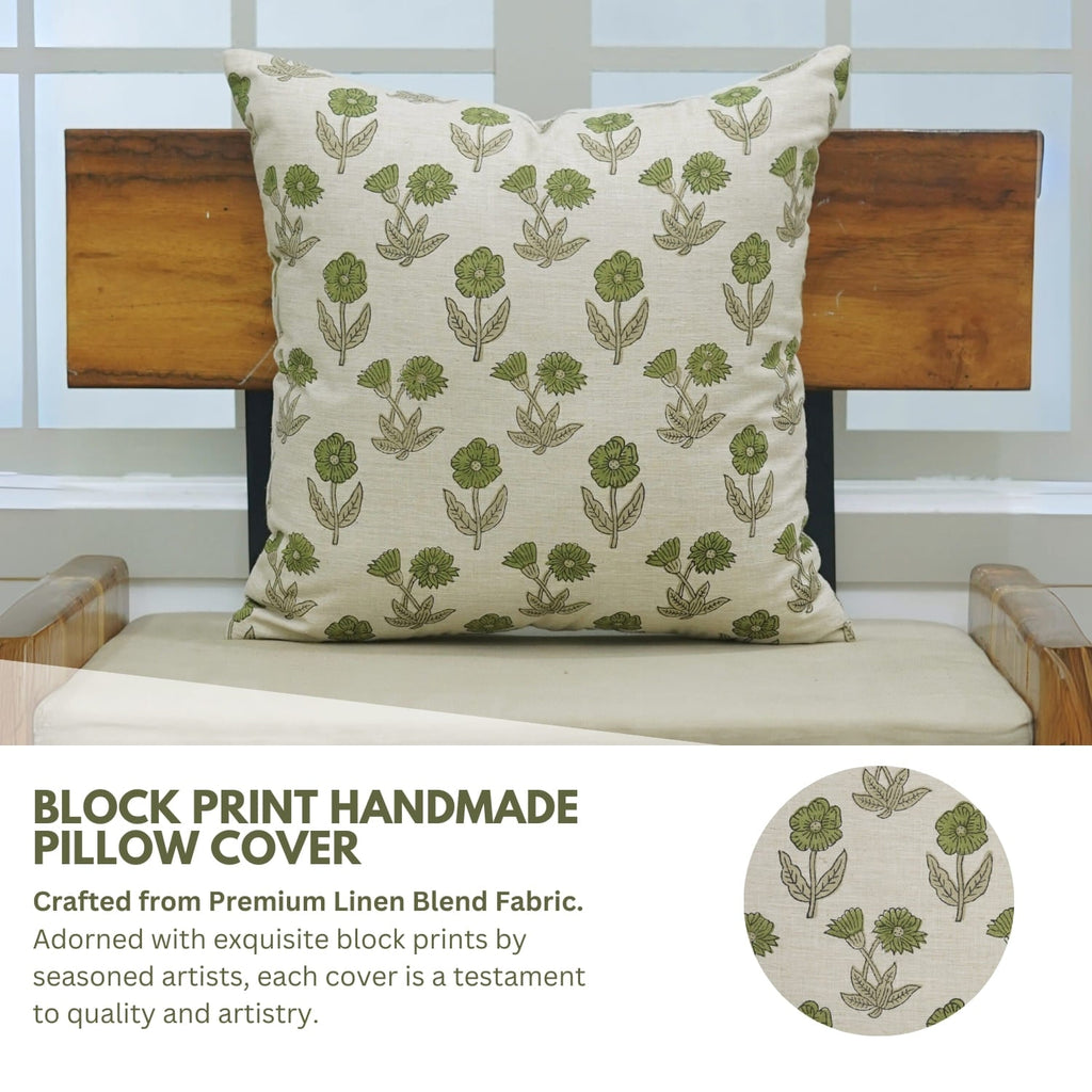 Block Printed Beige Green Throw Square Pillow Case - Kirti