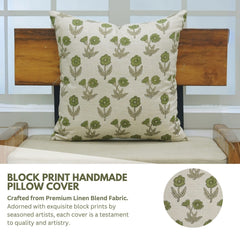 Block Printed Beige Green Throw Square Pillow Case - Kirti