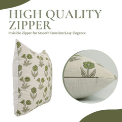 Block Printed Beige Green Throw Square Pillow Case - Kirti
