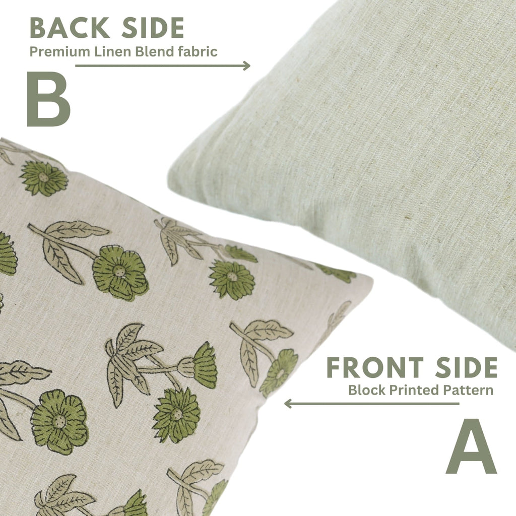 Block Printed Beige Green Throw Square Pillow Case - Kirti