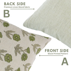 Block Printed Beige Green Throw Square Pillow Case - Kirti