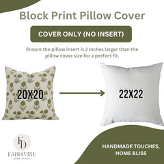Block Printed Beige Green Throw Square Pillow Case - Kirti