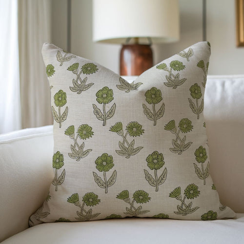 Block Printed Beige Green Throw Square Pillow Case - Kirti