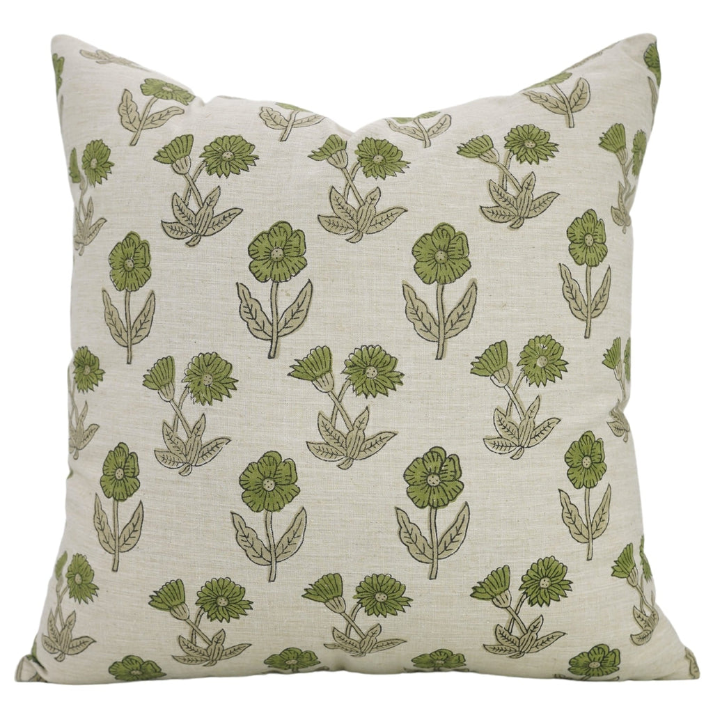 Block Printed Beige Green Throw Square Pillow Case - Kirti