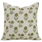 Block Printed Beige Green Throw Square Pillow Case - Kirti