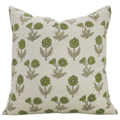 Block Printed Beige Green Throw Square Pillow Case - Kirti