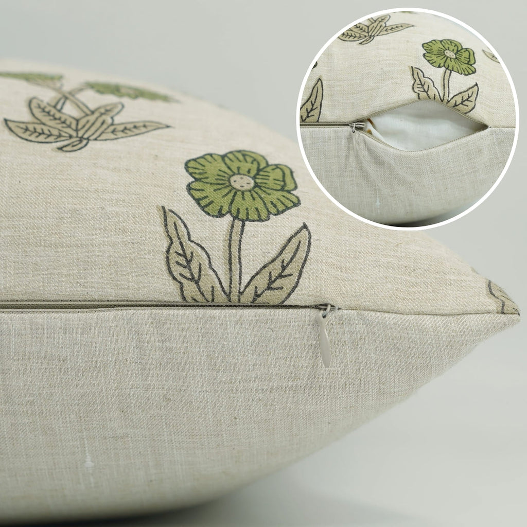 Block Printed Beige Green Throw Square Pillow Case - Kirti