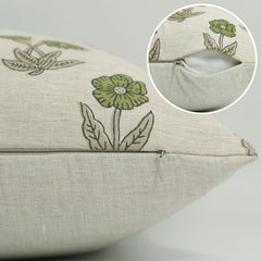 Block Printed Beige Green Throw Square Pillow Case - Kirti