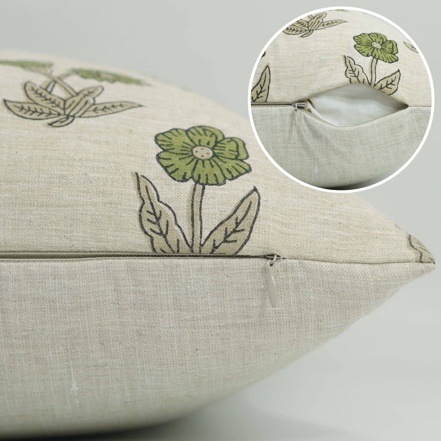 Block Printed Beige Green Throw Square Pillow Case - Kirti