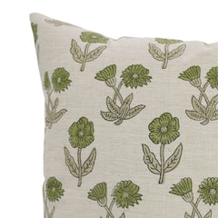 Block Printed Beige Green Throw Square Pillow Case - Kirti